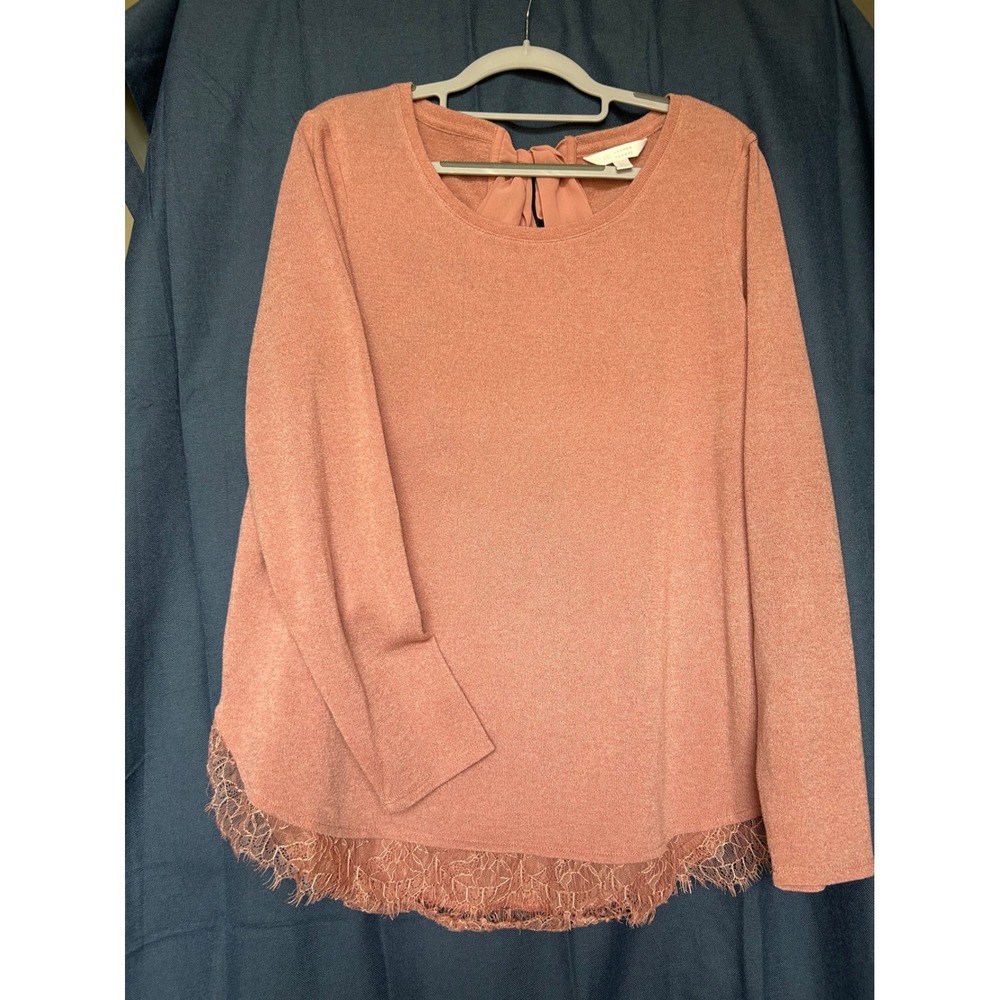 LC Lauren Conrad Women XL Pink Lace Hem Bow Back Long Sleeve Knit Top